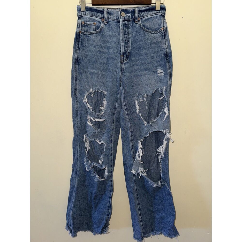 PacSun Heavily Distressed Baggy Jeans High Rise Button Fly Blue Women's Size 25